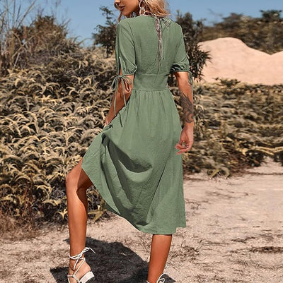 Layla™ - Elegant Long Dress With V-Neck And High Waist