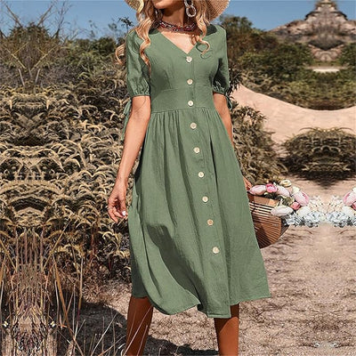 Layla™ - Elegant Long Dress With V-Neck And High Waist