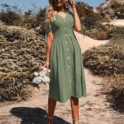 Layla™ - Elegant Long Dress With V-Neck And High Waist