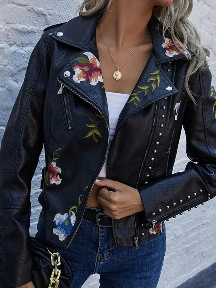 Lily™ - Floral Leather Jacket with Handmade Details