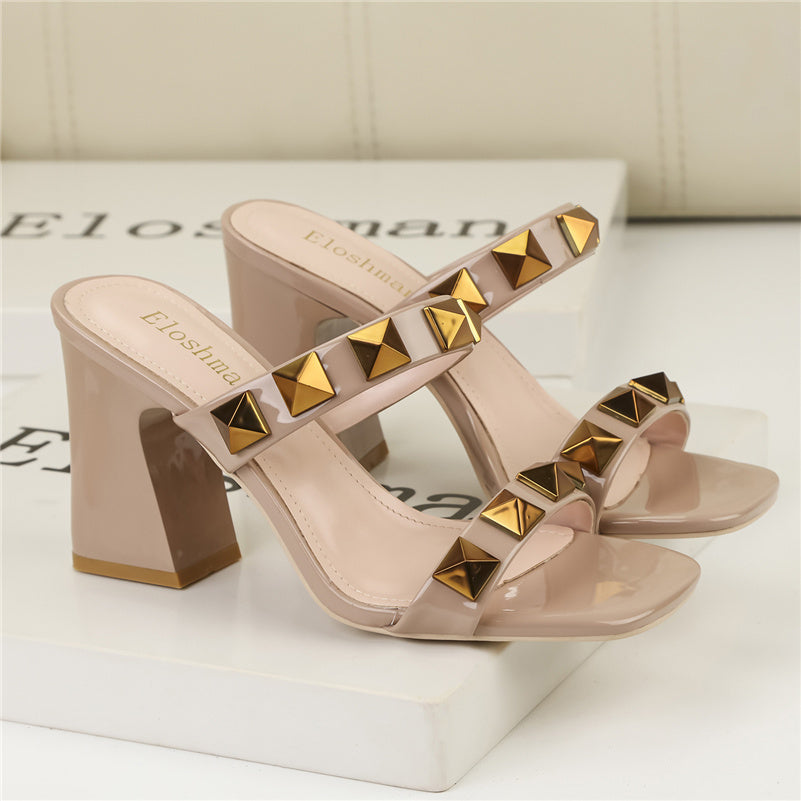 Luna™ - Square Toe Rivet Slip on Block Heeled Orthopedic Sandals