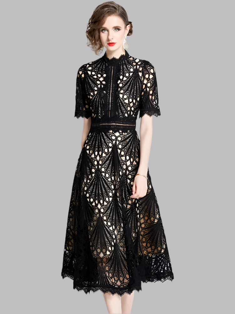 Olivia™ -  Elegant Floral Crochet Lace Midi Dress