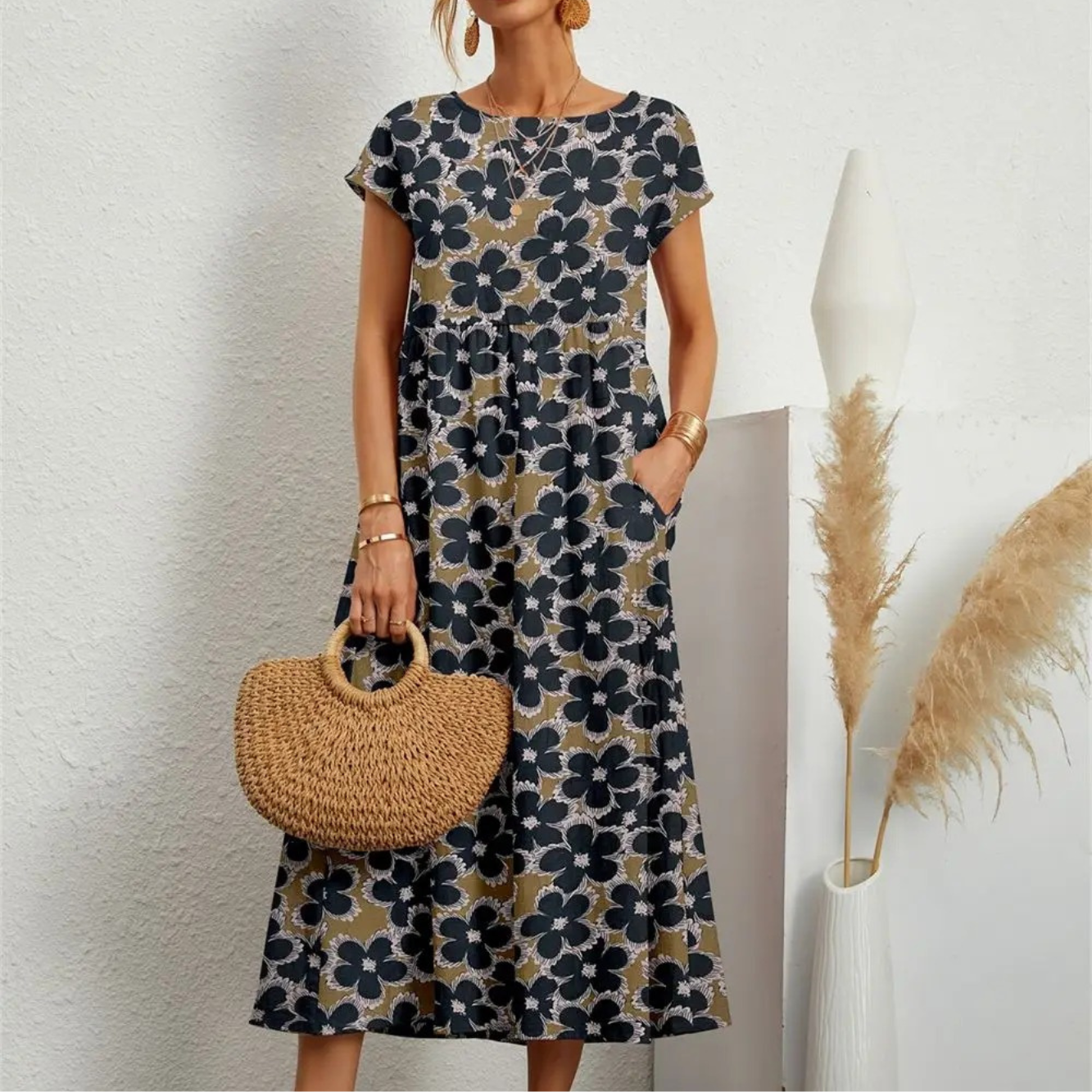 Hannah™ - Stylish O-neck Printed Dress with Pockets