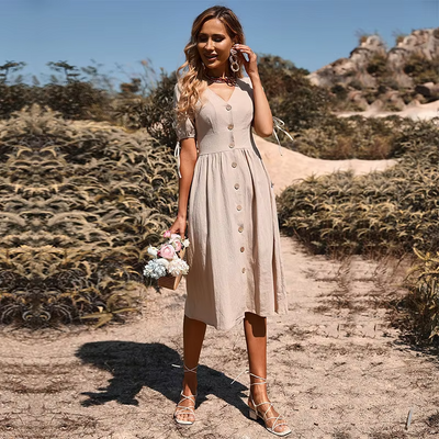 Layla™ - Elegant Long Dress With V-Neck And High Waist