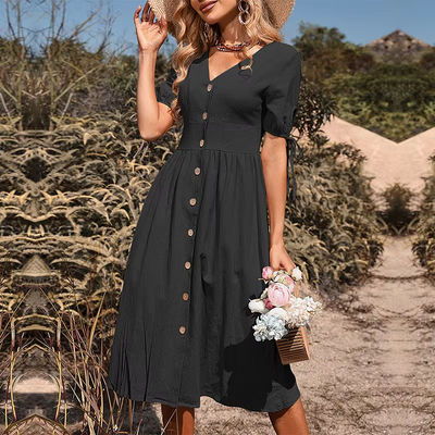 Layla™ - Elegant Long Dress With V-Neck And High Waist
