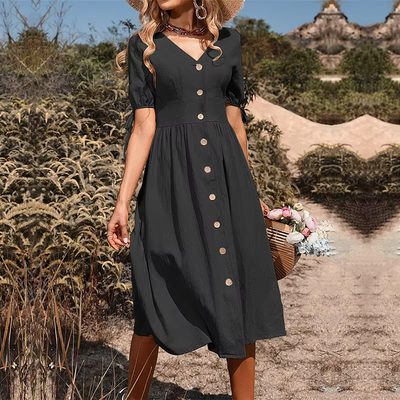 Layla™ - Elegant Long Dress With V-Neck And High Waist