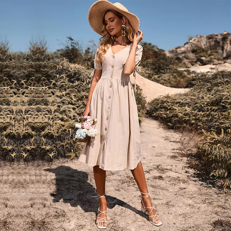 Layla™ - Elegant Long Dress With V-Neck And High Waist