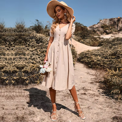 Layla™ - Elegant Long Dress With V-Neck And High Waist